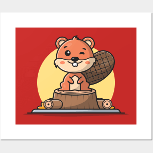 Cute Beaver Sitting Cartoon Vector Icon Illustration Posters and Art